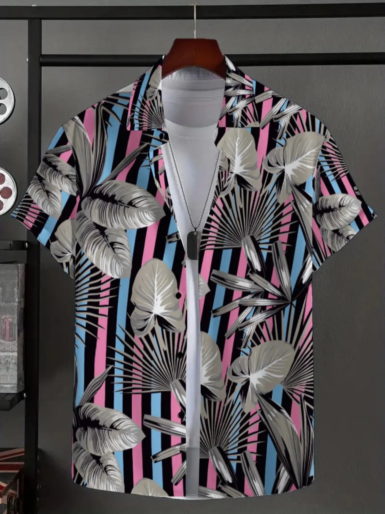 Men's Regular Fit Striped & Plants Print Button Front Collar Shirt Hoodie, Sweatshirt | UrbanDripWear.com