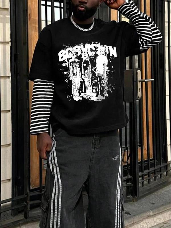 Men's Regular Fit Striped Print Graphic Tee, Casual Fashion Long Sleeve T-shirt for Spring & Fall, Men's Top for Daily...