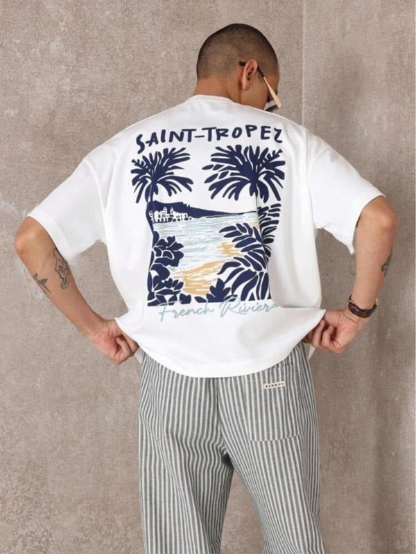 Men's Regular Fit Tropical Print Round Neck Graphic Tee, Casual Short Sleeve T-shirt for Summer, Men's Top for Daily Wear...