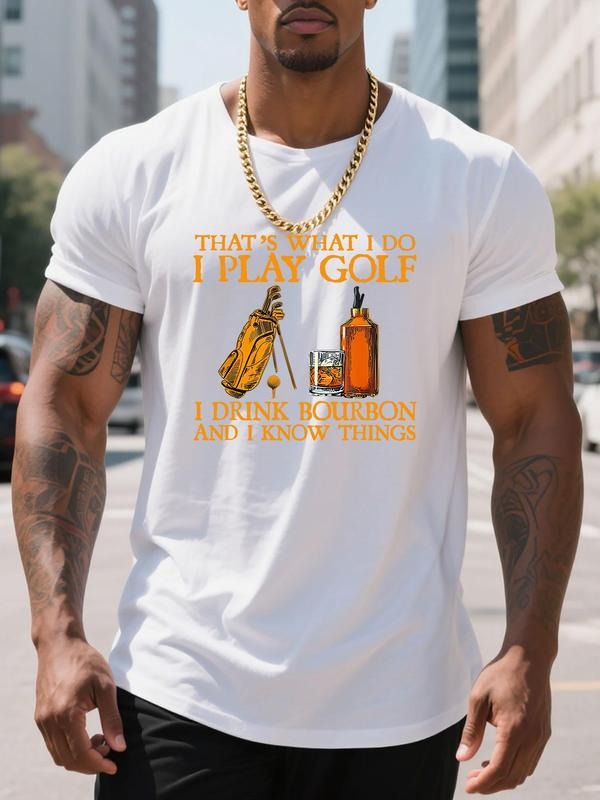 Men's Regular Fit Whiskey & Letter Print Round Neck Tee, Casual Short Sleeve Crew Neck T-shirt for Summer, Fashion Men's...