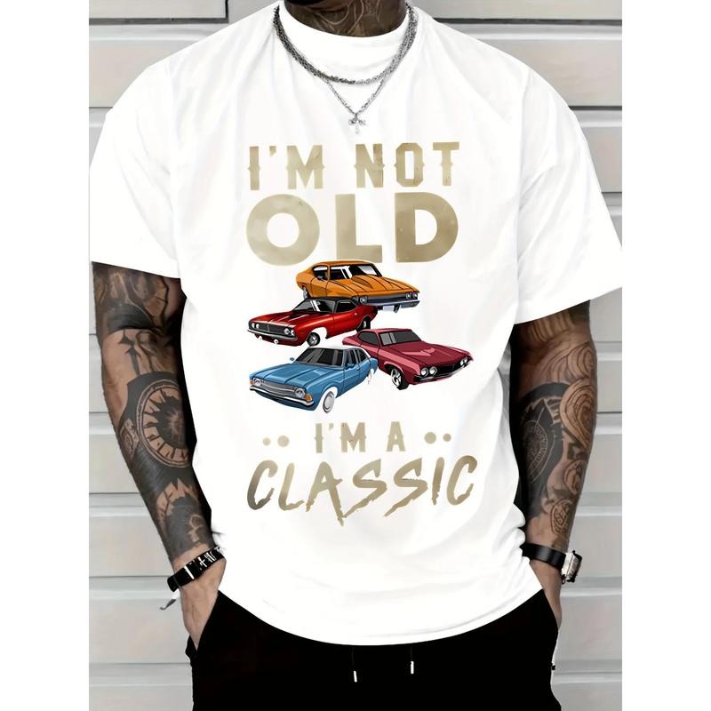 Men's Retro Car Pattern and 'I'm Not Old, I'm Classic' Printed T-Shirt - Black Crew Neck Short Sleeve Top, Suitable for...