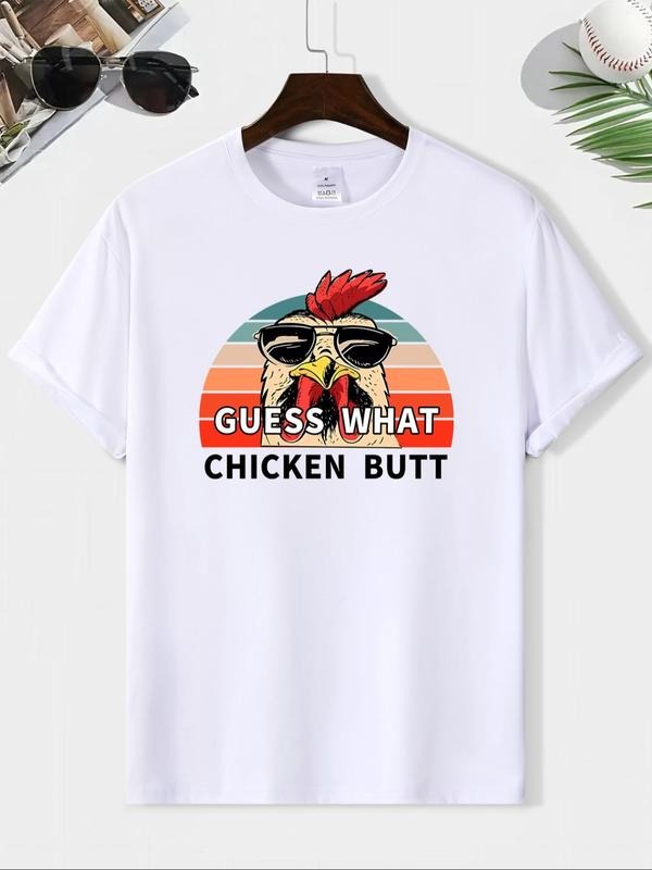 Men's Rooster & Letter Print Round Neck Tee, Loose Casual Short Sleeve T-shirt for Summer, Men's Top for Daily Wear...