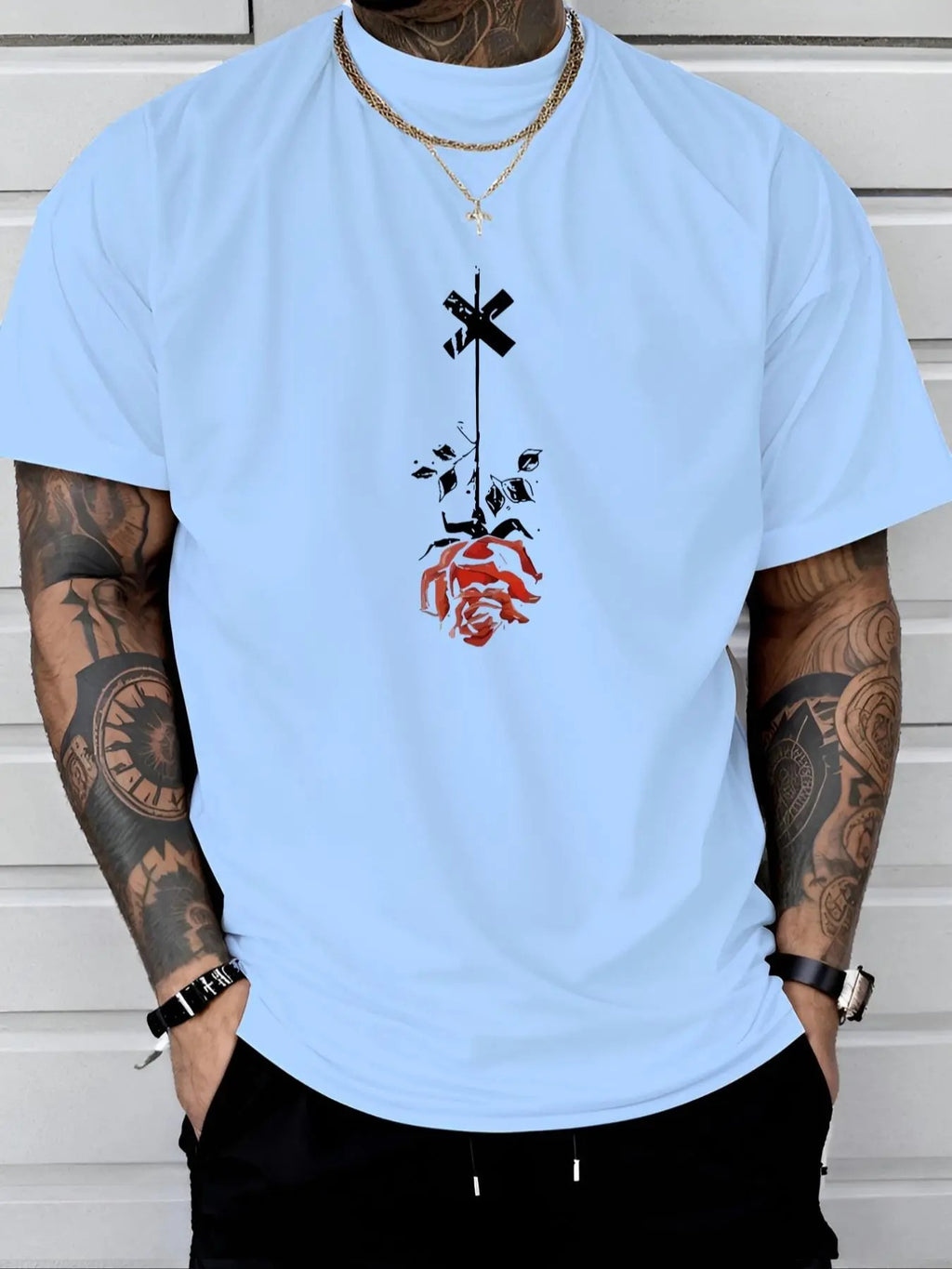 Men's Rose & Cross Print Round Neck Tee, Regular Fit Casual Short Sleeve Crew Neck T-Shirt for Daily Wear, Men's Top for...
