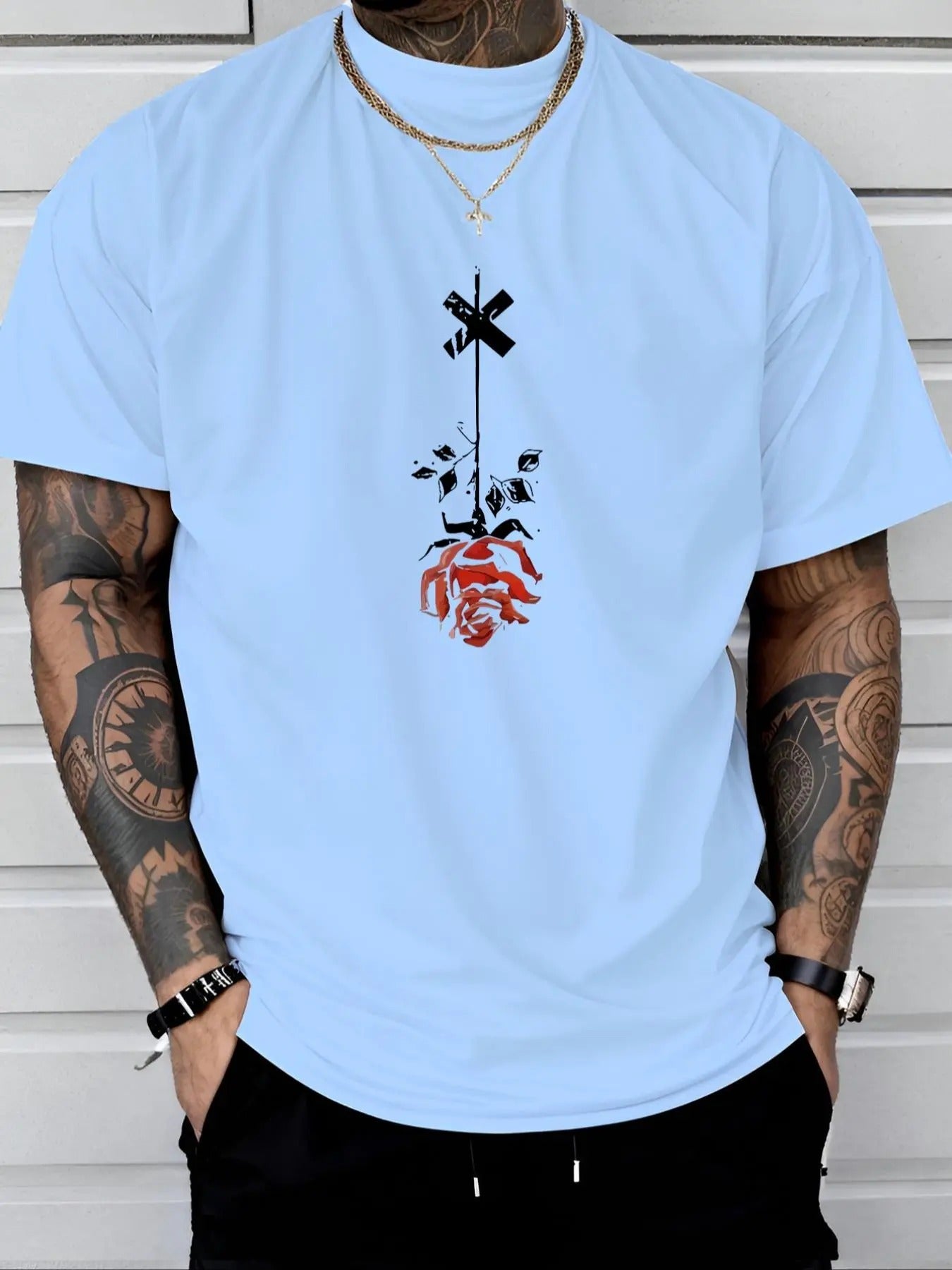 Men's Rose & Cross Print Round Neck Tee, Regular Fit Casual Short Sleeve Crew Neck T-Shirt for Daily Wear, Men's Top for...