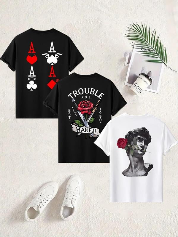 Men's Rose & Letter Print Round Neck Tee, Regular Fit Casual Short Sleeve T-shirt for Summer, Men's Top for Daily Wear...