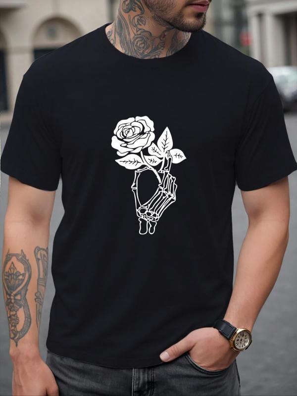 Men's Rose & Skeleton Hand Print Round Neck Tee, Regular Fit Casual Short Sleeve Crew Neck T-Shirt for Summer, Fashion...