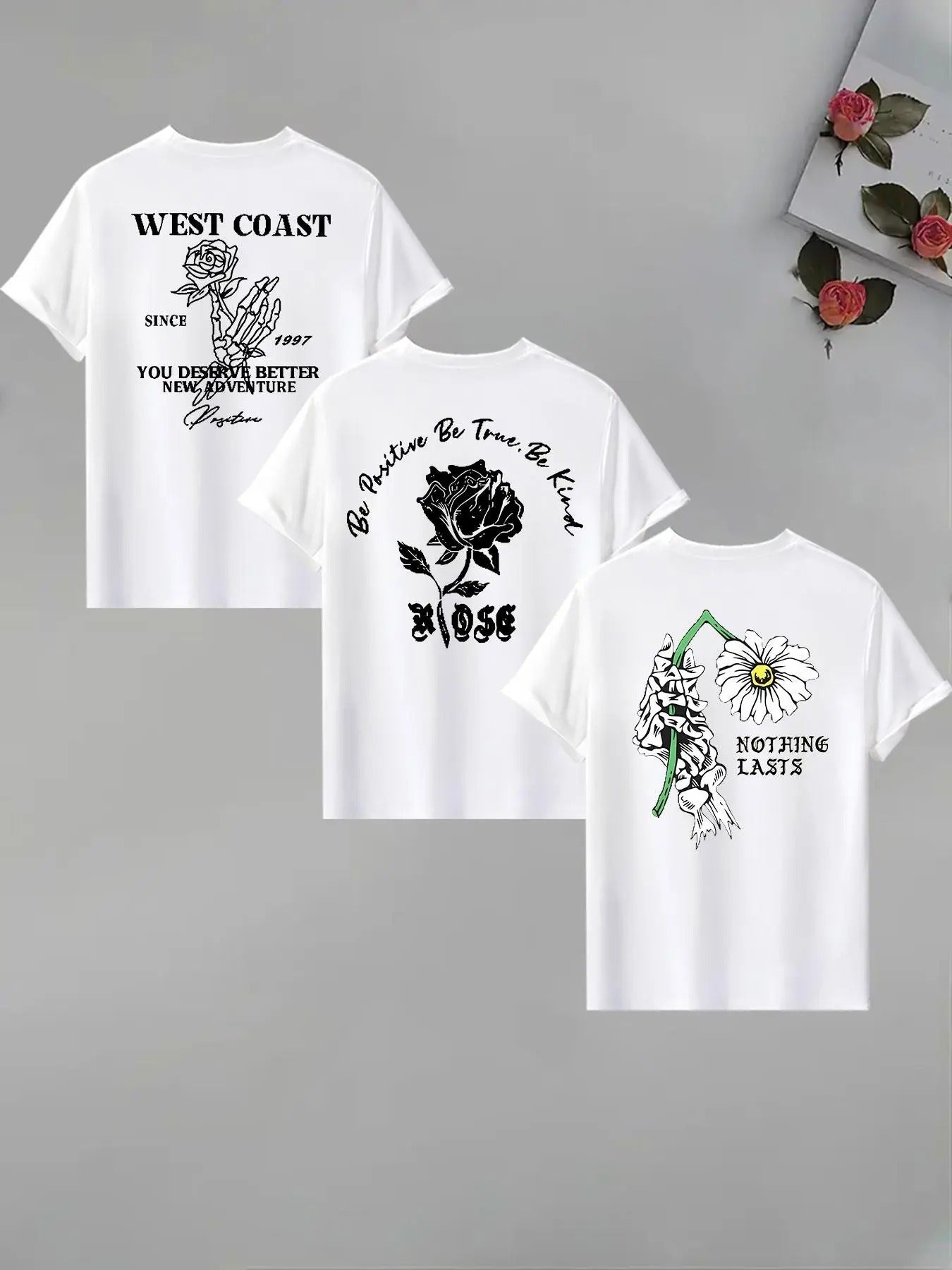Men's Rose & Slogan Print Round Neck Tee, Loose Casual Fashion Short Sleeve T-shirt for Summer, Men's Top for Daily Wear...