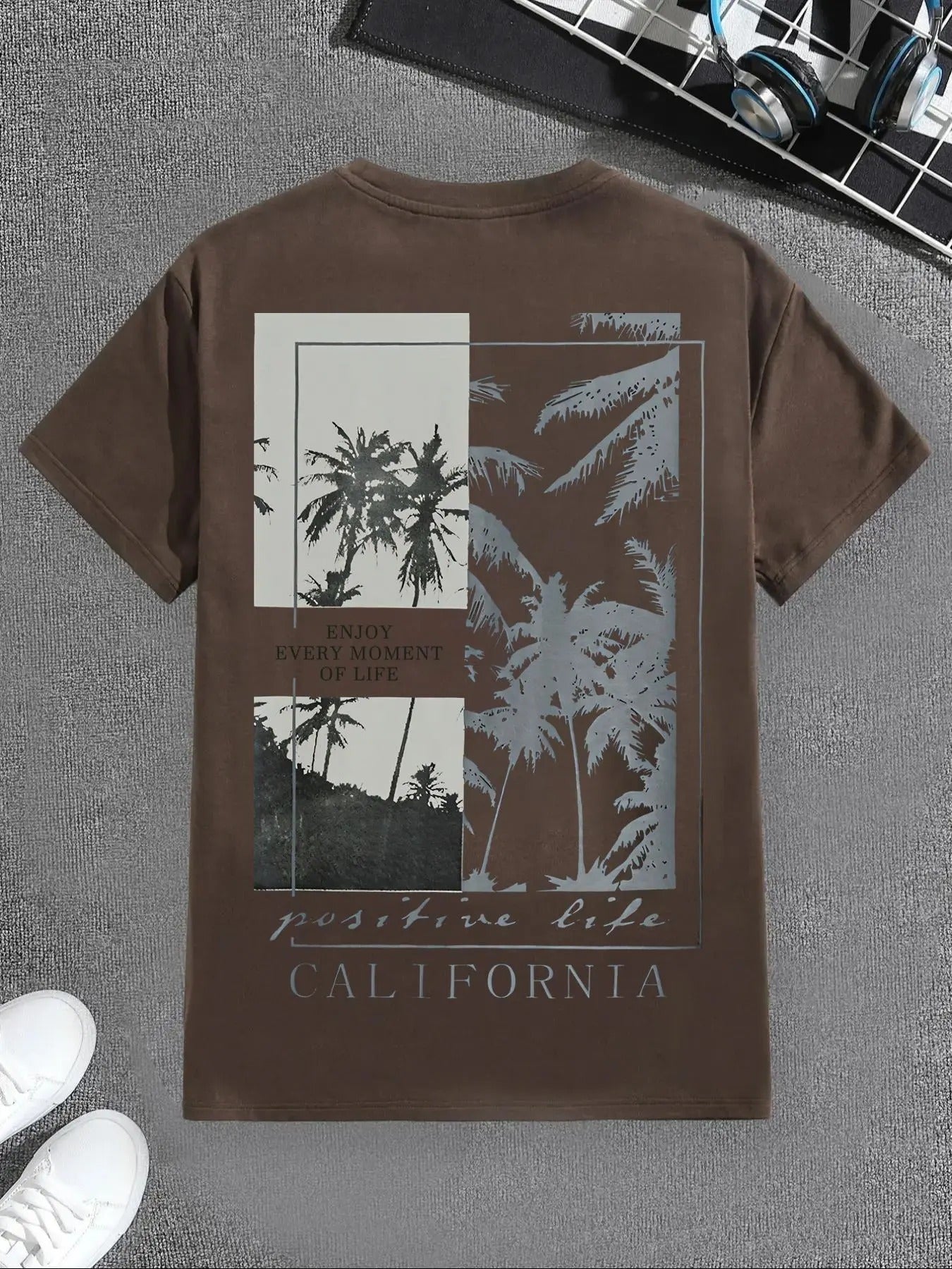 Men's Short Sleeve Round Neck Graphic Tee, Casual Style Tee, Regular Fit Coconut Tree Print Crew Neck T-Shirt for Men,...