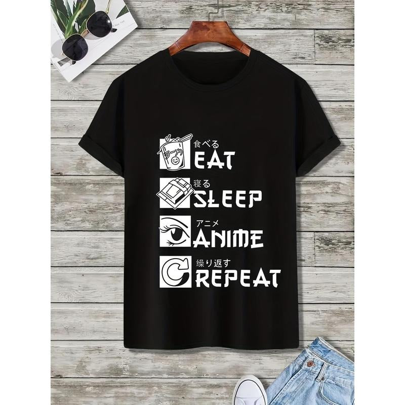 Men's Short Sleeve Round Neck Japanese Print Graphic Tee - Casual Regular Fit Anime Letter T-shirt for Summer Loungewear...