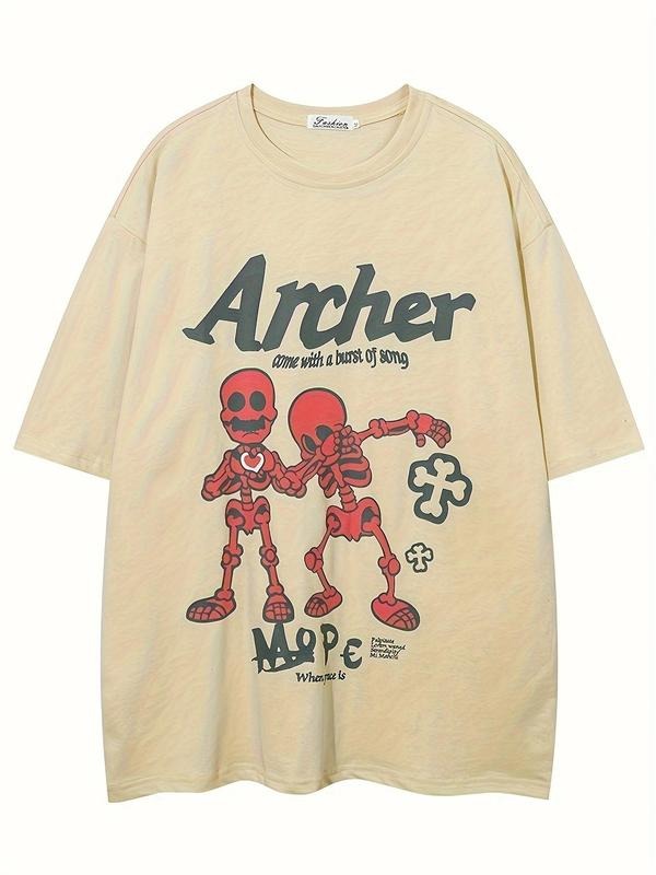 Men's Skeleton & Letter Print Round Neck Tee, Loose Casual Fashion Short Sleeve T-shirt for Summer, Men's Top for Daily...