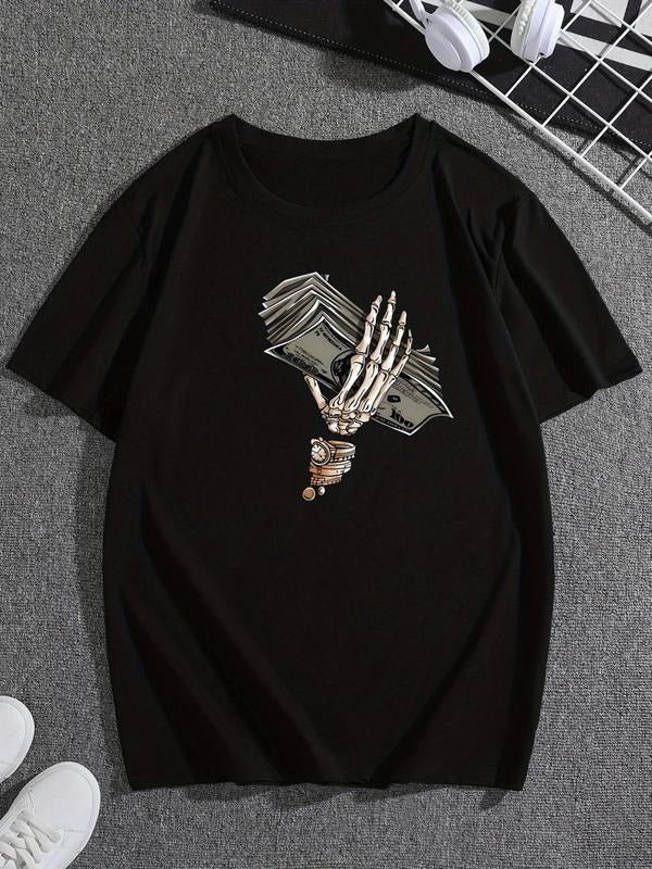 Men's Skeleton Hand & Money Print Round Neck Tee, Regular Fit Casual Short Sleeve Crew Neck T-Shirt for Daily Wear, Men's...
