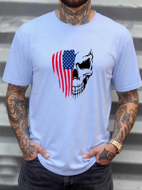 Men's Skull & American Flag Print Round Neck Tee, Regular Fit Casual Short Sleeve Crew Neck T-Shirt for Daily Wear, Men's...