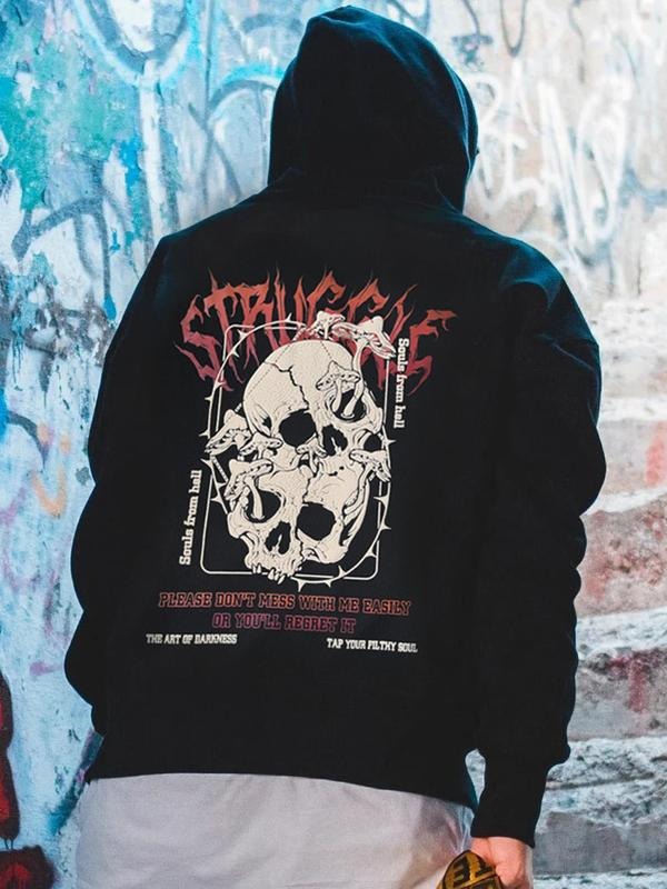 Men's Skull & Letter Print Drawstring Graphic Hoodie, Regular Fit Casual Long Sleeve Pocket Hooded Sweatshirt, Men's Fall...