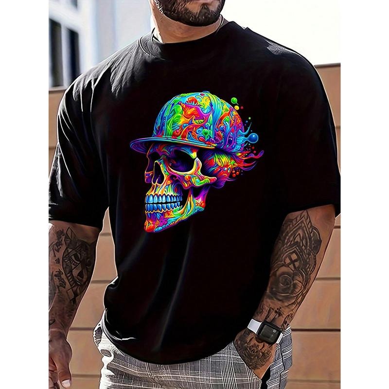 Men's Skull Print Round Neck Short Sleeve Casual T-Shirt, Summer Made in USA Hoodie, Sweatshirt | UrbanDripWear.com