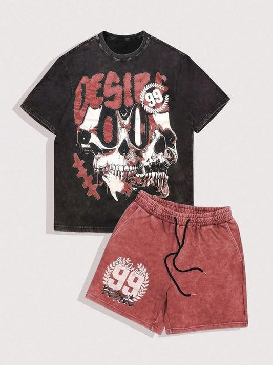 Men's Skull Print Short Sleeve Tee & Shorts Two-Piece Set, Regular Fit Casual Round Neck T-shirt & Track Shorts, Summer Clothes Set for Men, Cotton
