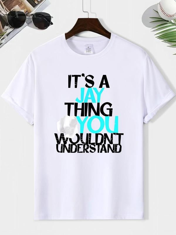 Men's Slogan Print Round Neck Tee, Loose Casual Comfy Short Sleeve Crew Neck T-shirt for Summer, Fashion Men's Top for...