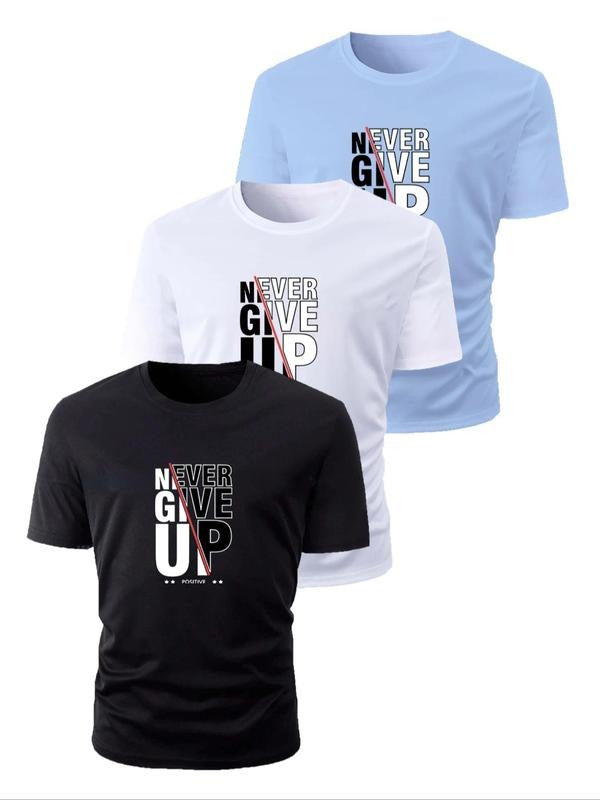Men's Slogan Print Round Neck Tee, Regular Fit Casual Short Sleeve Crew Neck T-Shirt for Summer, Men's Top for Daily Wear...