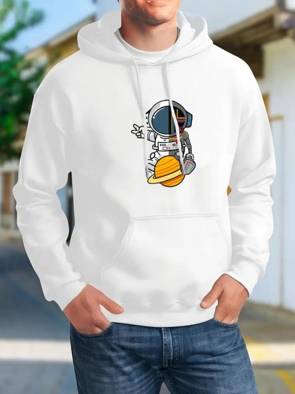 Men's Space Man & Planet Print Drop Shoulder Hoodie, Fashion Casual Regular Fit Drawstring Pocket Hooded Sweatshirt for...