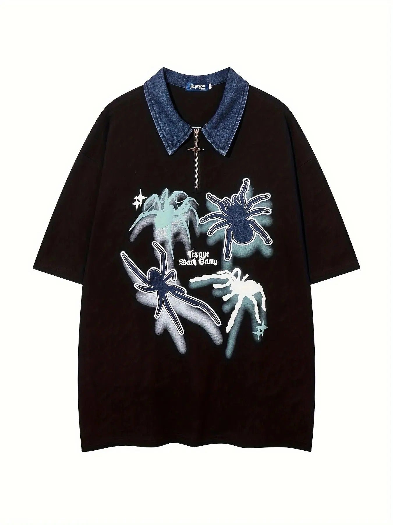Men's Spider & Letter Print Half Zipper Short Sleeve Tee, Loose Casual Fashion Comfy Collar T-shirt for Summer, Men's Top...