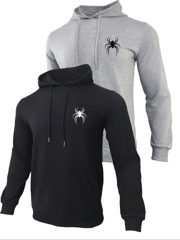 Men's Spider Print Pocket Drawstring Hoodie, Casual Regular Fit Long Sleeve Hooded Sweatshirt, Men's Fall & Winter...