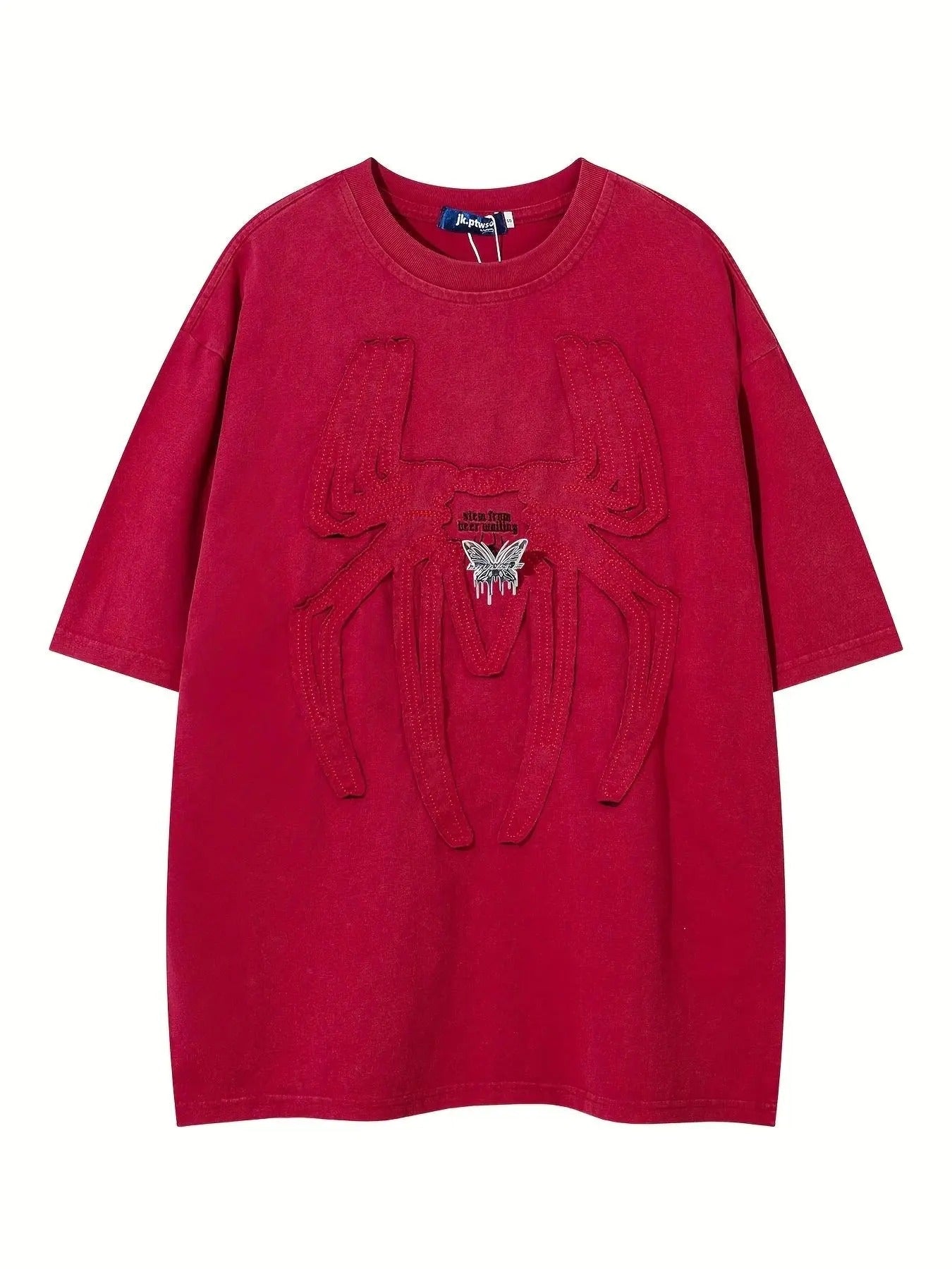 Men's Spider-Shaped Patched Letter Embroidery Butterfly Decor Crew Neck Tee, Loose Casual Fashion Washed Distressed Half...