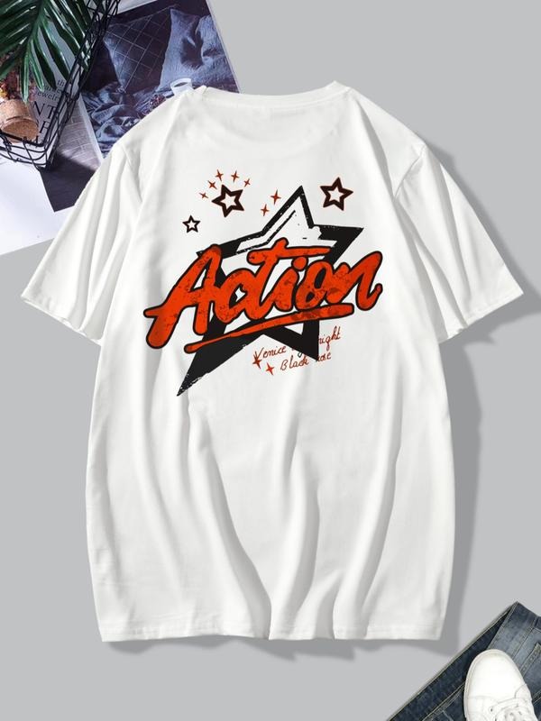 Men's Star & Letter Print Short Sleeve Tee, Regular Fit Summer Clothes Round Neck Graphic T-shirts, Casual Comfy Tops for...