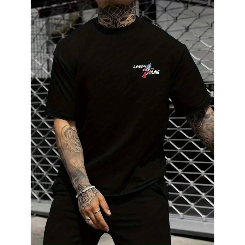 Men's Street Style Rocket Graffiti Print T-Shirt - Breathable Polyester Crew Neck Casual Loose Fit
