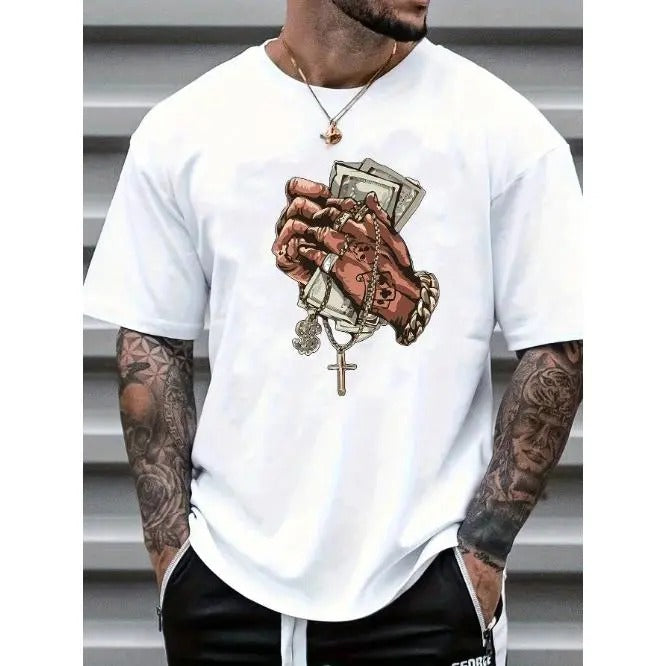 Men's Summer Casual Hand Gesture Cross Print Short Sleeve T-Shirt Made In USA Hoodie, Sweatshirt | UrbanDripWear.com