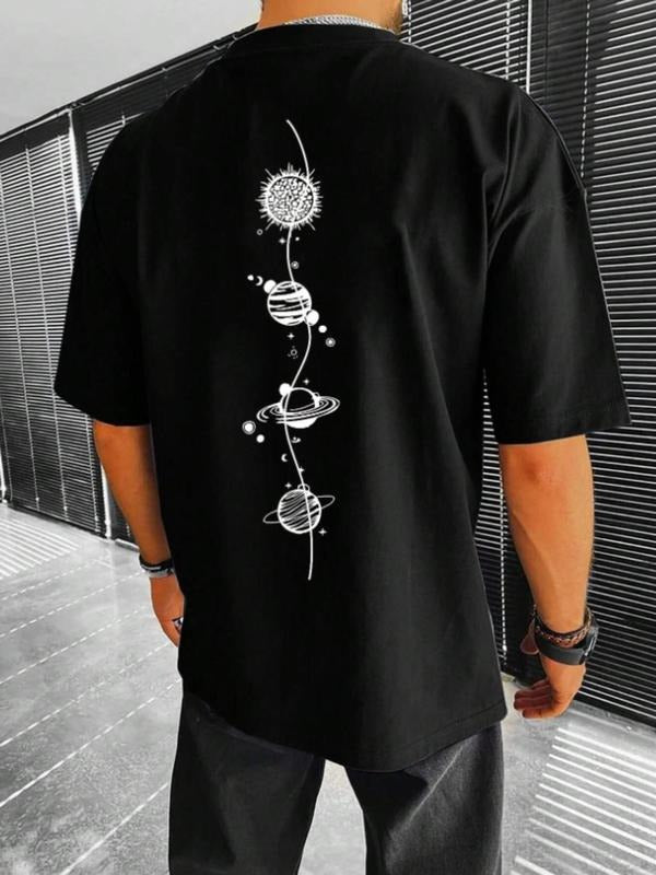 Men's Summer Clothes Cartoon Planet Print Round Neck Tee, Regular Fit Casual Soft Comfy Short Sleeve Crew Neck T-Shirt...