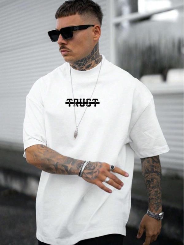 Men's Summer Clothes Letter Print Drop Shoulder Tee, Regular Fit Casual Soft Comfy Round Neck Half Sleeve T-Shirt for...