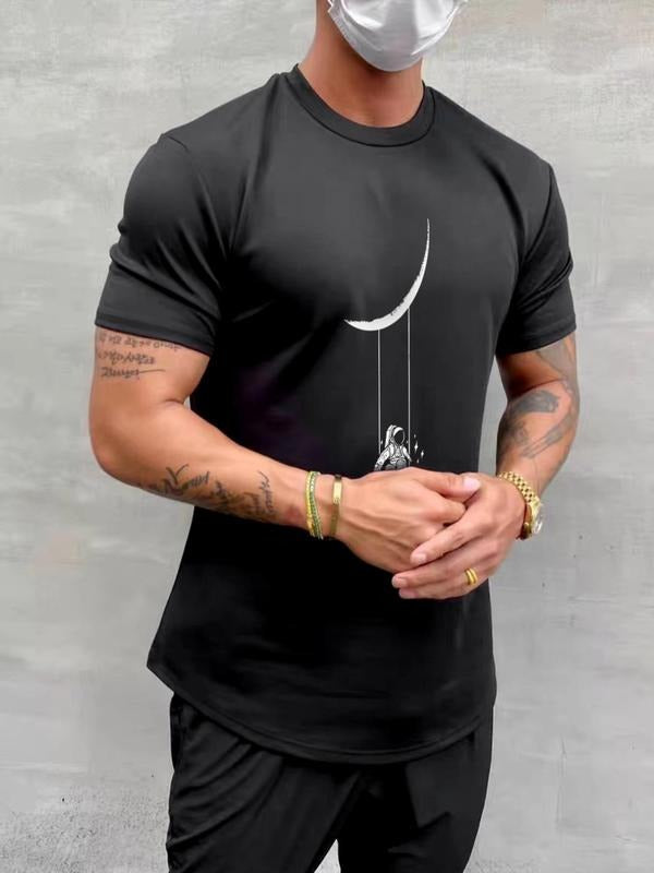 Men's Summer Clothes Moon & Astronaut Printed T-shirt, Cartoon Graphic Tee, Regular Fit Round Neck Short Sleeve Knitting...