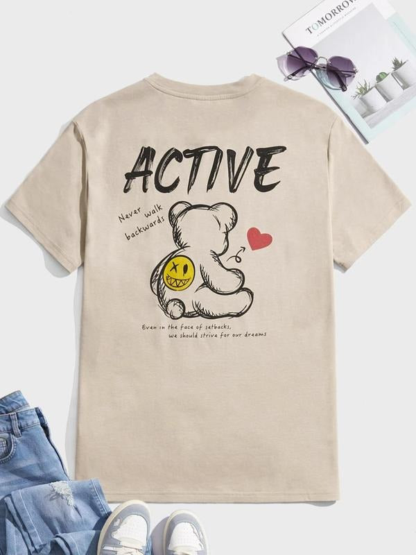 Men's Summer Clothes Regular Fit Cartoon Bear & Slogan Print Round Neck Shortsleeve Tee, Crewneck Streetwear Tshirt,...