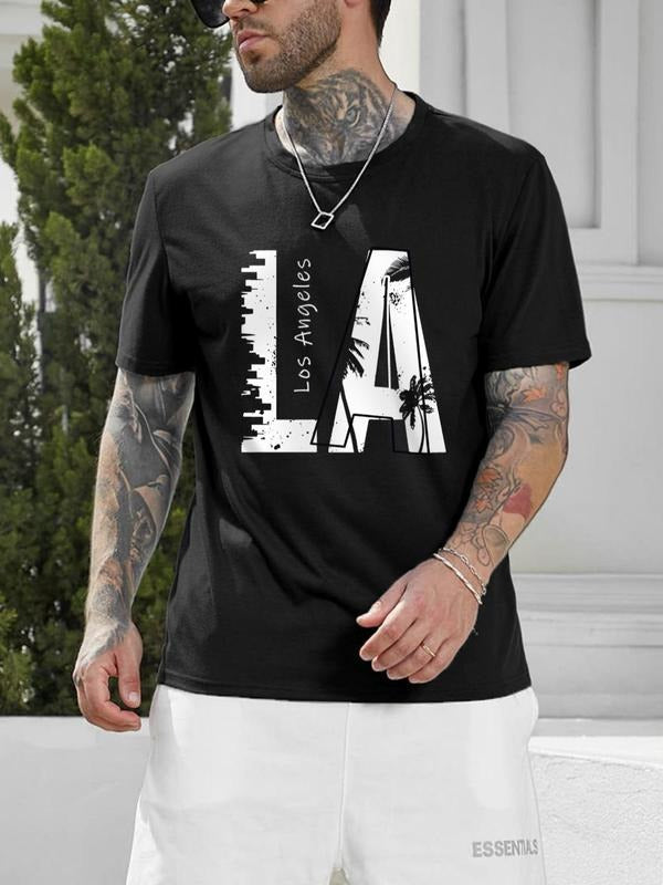 Men's Summer Clothes, Trendy "LA" Letter Print Round Neck Short Sleeve Tee, Casual Vintage Fashion Graphic Crew Neck...