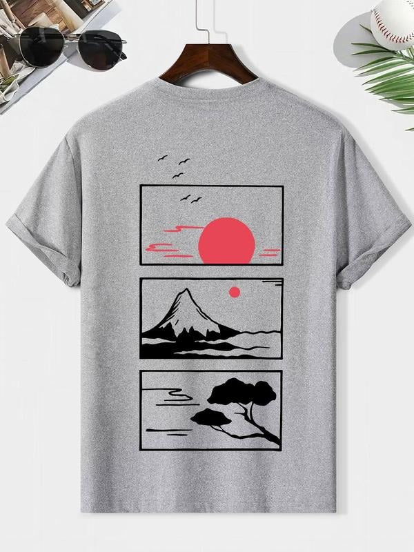 Men's Sunset & Bird Print Round Neck Tee, Loose Casual Short Sleeve T-shirt for Summer, Men's Top for Daily Wear,...