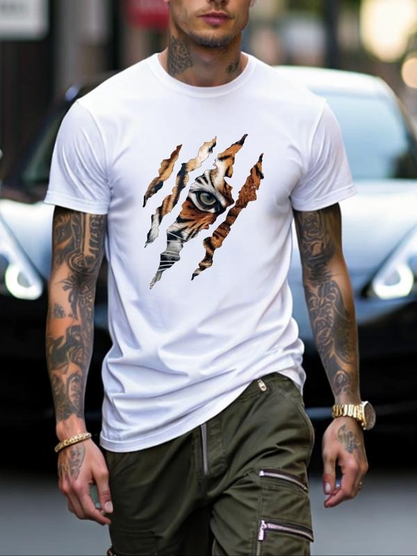 Men's Tiger Print Round Neck Short Sleeve T-Shirt, Casual Fitted Breathable Loose Fit Summer Top, Outdoor Sports Fashion...