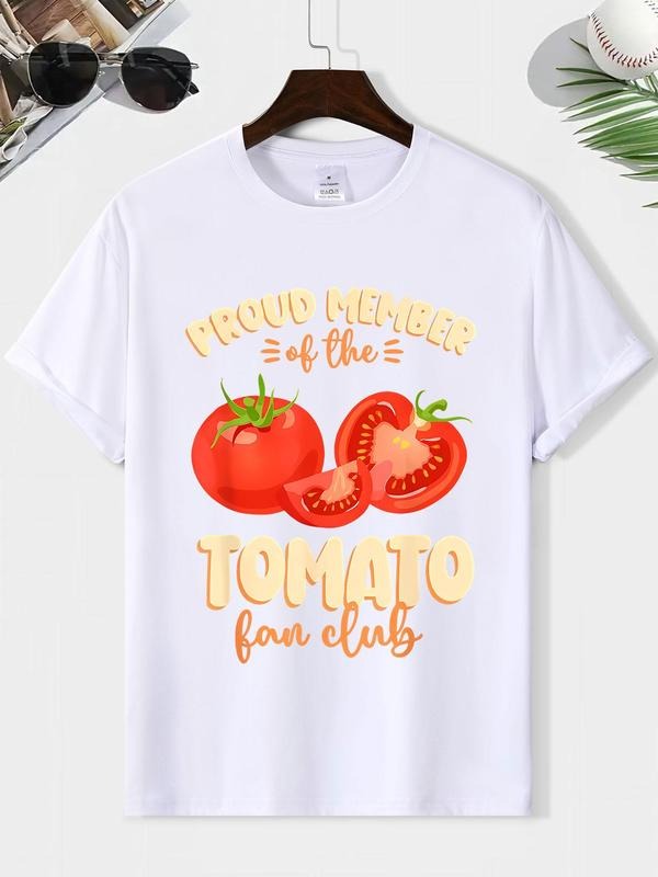 Men's Tomato & Letter Print Round Neck Graphic Tee, Loose Casual Fashion Short Sleeve T-shirt for Summer, Men's Top for...