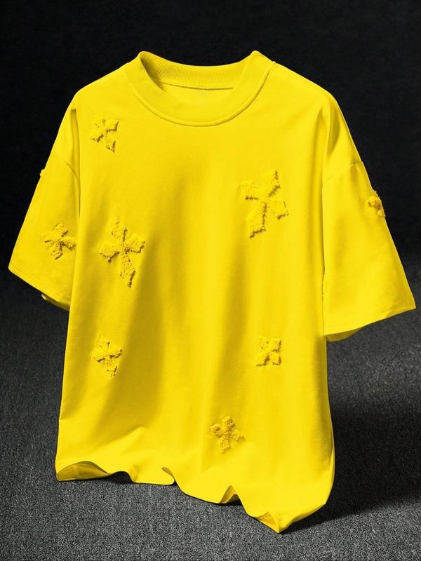 Men's Trendy Towel Embroidery Cross Texture Short Sleeve T-Shirt, Loose Drop Shoulder, Layered Touch, Minimalist Craft...