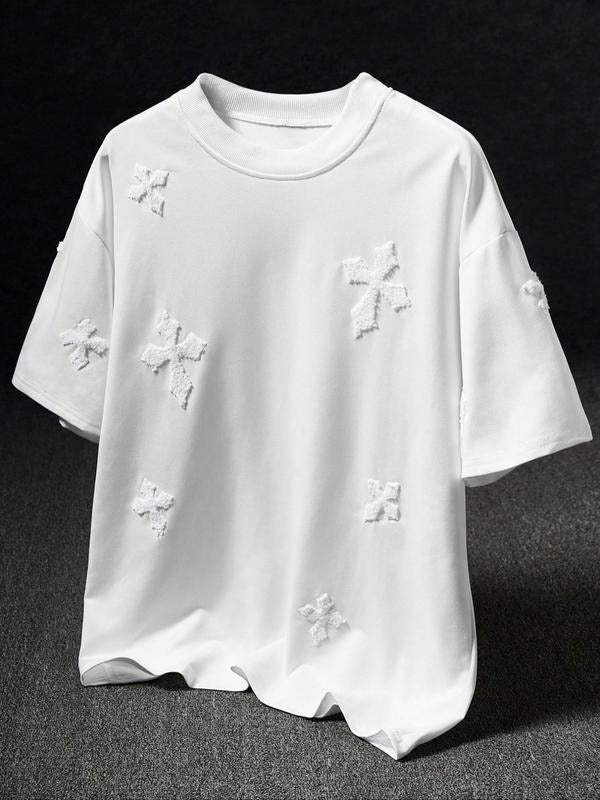 Men's Trendy Towel Embroidery Cross Texture Short Sleeve T-Shirt, Loose Fit Drop Shoulder Design, Streetwear & Layered...