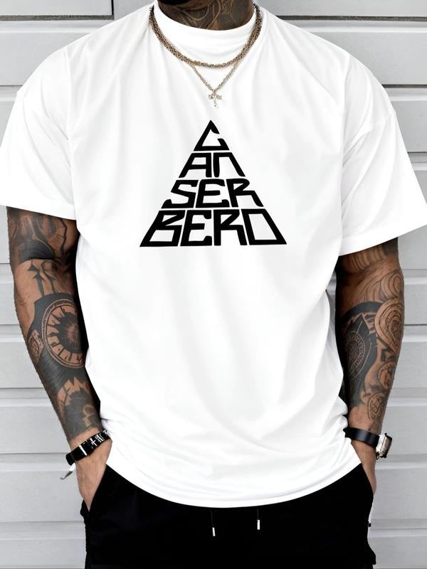 Men's Triangle & Letter Print Round Neck Tee, Regular Fit Casual Short Sleeve Crew Neck T-Shirt for Daily Wear, Men's Top...