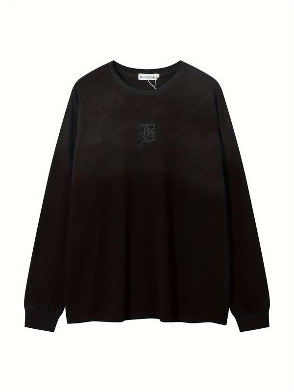 Men's Vintage Wash Tie-Dye Gradient Letter Embroidery Sweatshirt, Trendy Fashion Round Neck Long Sleeve T-Shirt, Casual...