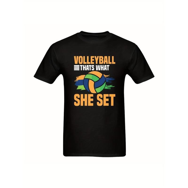 Men's Volleyball-Themed T-Shirt - 'VOLLEYBALL THAT'S WHAT SHE SET' Slogan With Orange & Green Ball Graphic