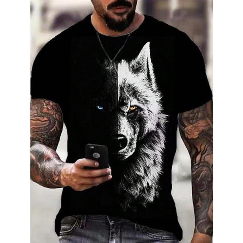 Men's Wolf Print Round Neck Short Sleeve T-Shirt Made in USA Hoodie, Sweatshirt | UrbanDripWear.com