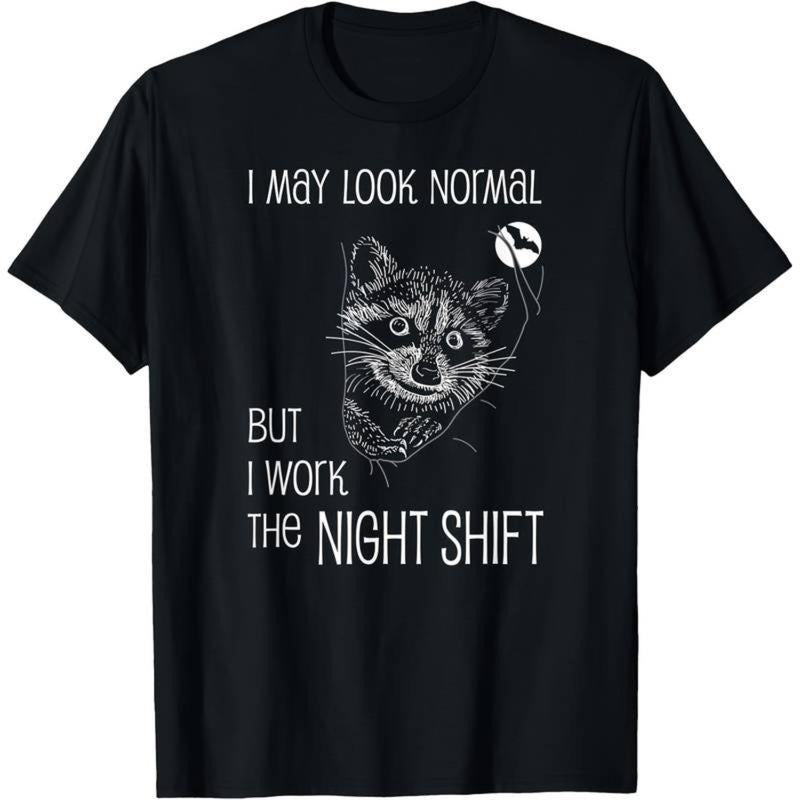 Men's fun "Night Shift Worker" pattern T-shirt - 100% cotton, short sleeve, black, humorous design, with raccoon...