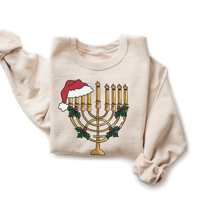 Menorah Christmas Sweatshirt, Happy Hanukkah Gifts, Chanukah Sweater, Jewish Candle Shirt Classic Cotton Hoodie