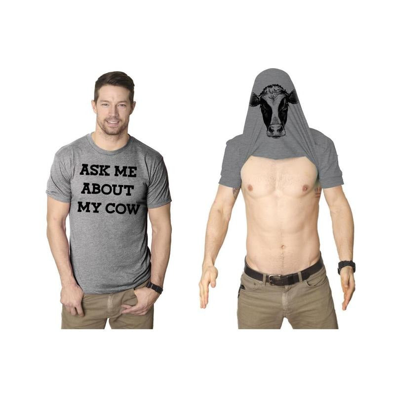 Mens Ask Me About My Cow Funny Farm Animal Flip Up T shirt Mens Funny T Shirts Cool Tees Soft Stylish Casual Menswear...