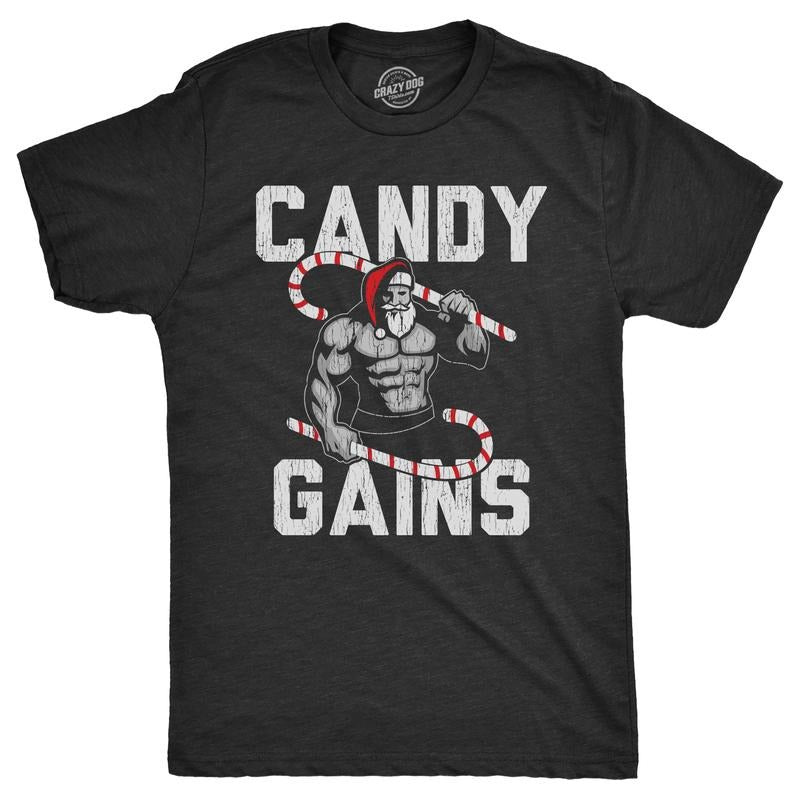 Mens Candy Gains T Shirt Funny Xmas Buff Ripped Santa Claus Workout Joke Tee For Guys Mens Funny T Shirts Cool Tees Soft...