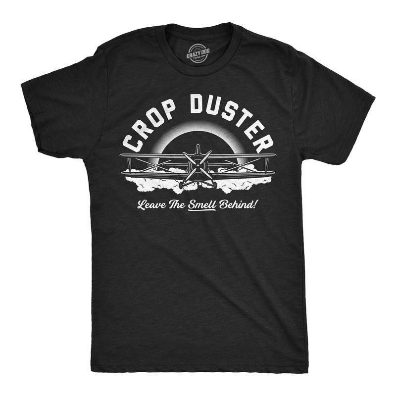 Mens Crop Duster Airplane Leave the Smell Behind Funny T Shirt Fart Joke Tee for Guys Mens Funny T Shirts Cool Tees Soft Stylish Casual Black -