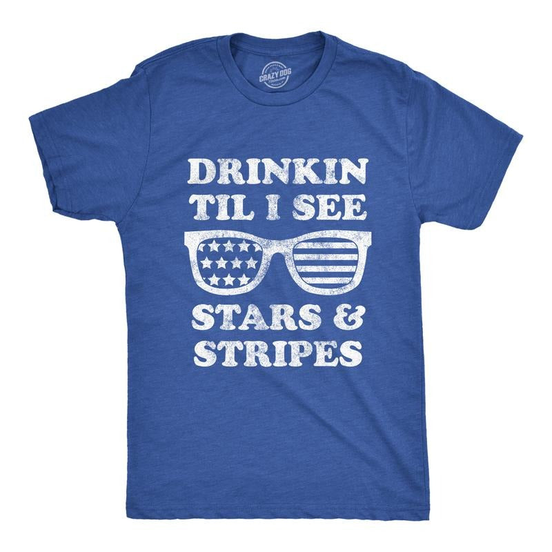Mens Drinkin Til I See Stars And Stripes T Shirt Funny 4th Of July Sunglasses Graphic Tee Mens Funny T Shirts Cool Tees...