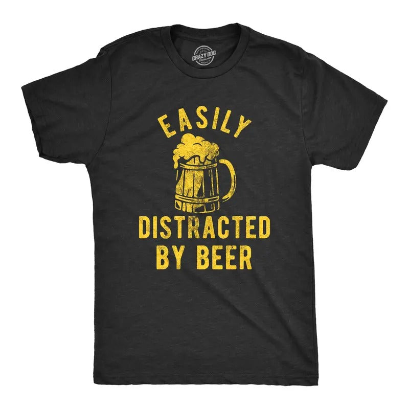 Mens Easily Distracted By Beer T Shirt Funny Drinking Graphic Novelty Tee for Guys Mens Funny T Shirts Cool Tees Soft...