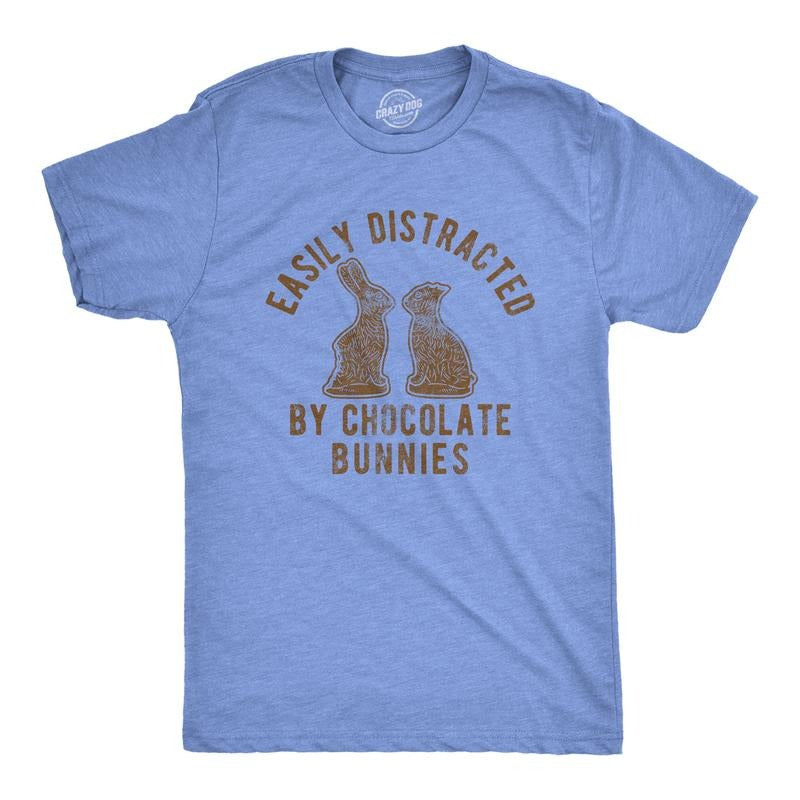 Mens Easily Distracted By Chocolate Bunnies T Shirt Funny Easter Sunday Novelty Graphic Tee for Guys Mens Funny T Shirts...